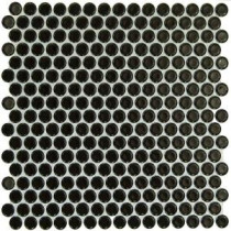 Bliss Penny Round Polished Black Ceramic Mosaic Floor and Wall Tile - 3 in. x 6 in. Tile Sample